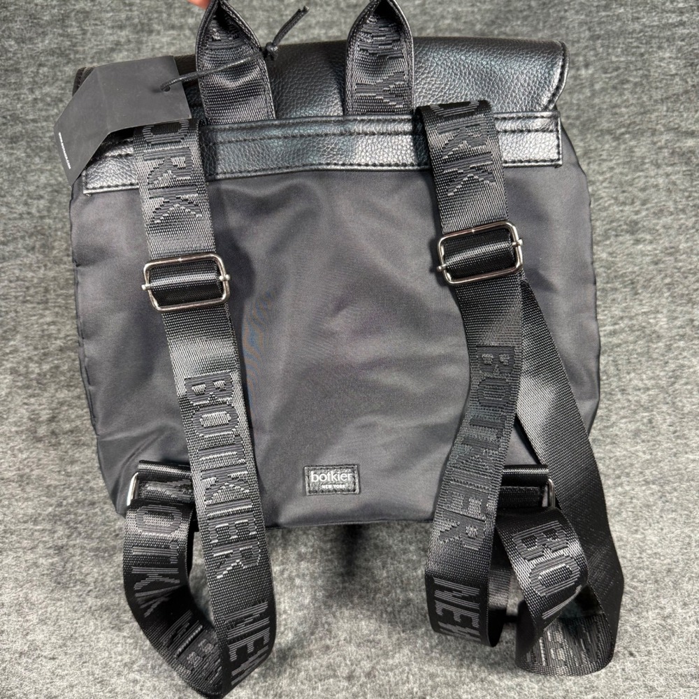 Botkier New York Black Nylon Leather Trim Logo Strap Moto Backpack NWT - Picture 3 of 5